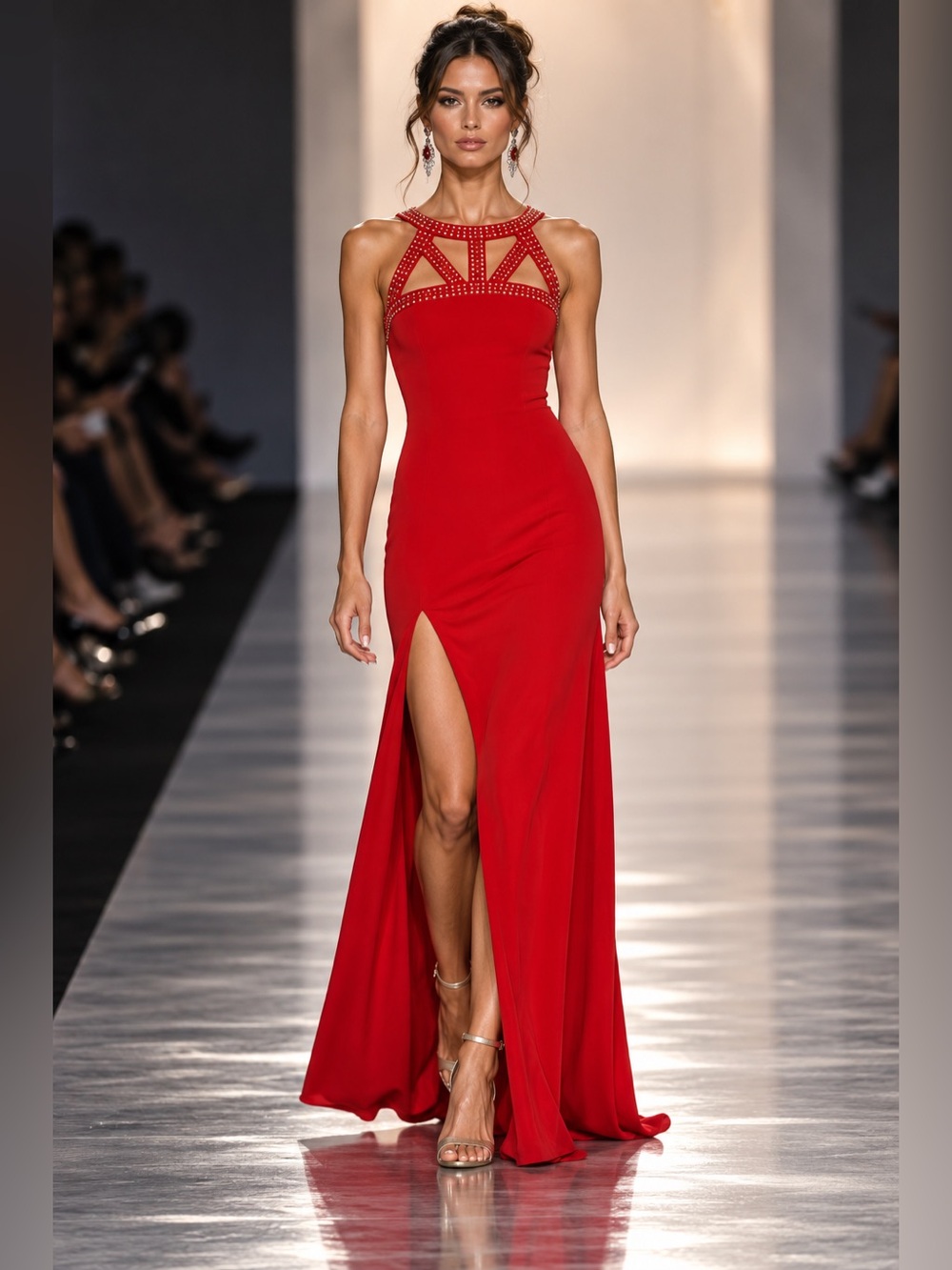 Spense Sz S Rhinestone Red Maxi Cage Neck Dress Formal HOCO Prom Wedding Guest